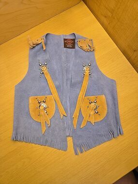 John R Craighead & Co. Vintage Light Blue Suede Fringed Western Vest Childs M